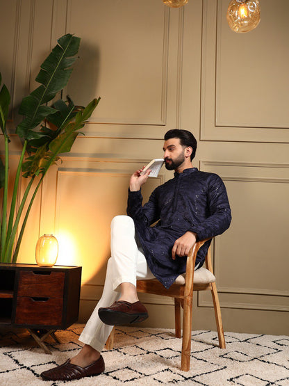 Navy Blue Royal Silk Embroidery Sequence Work Kurta Pajama 