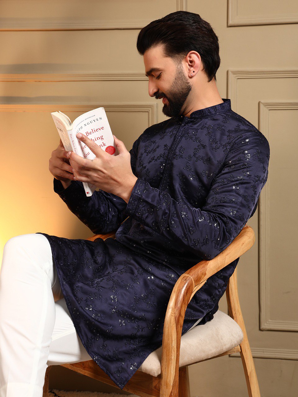 Navy Blue Royal Silk Embroidery Sequence Work Kurta Pajama 
