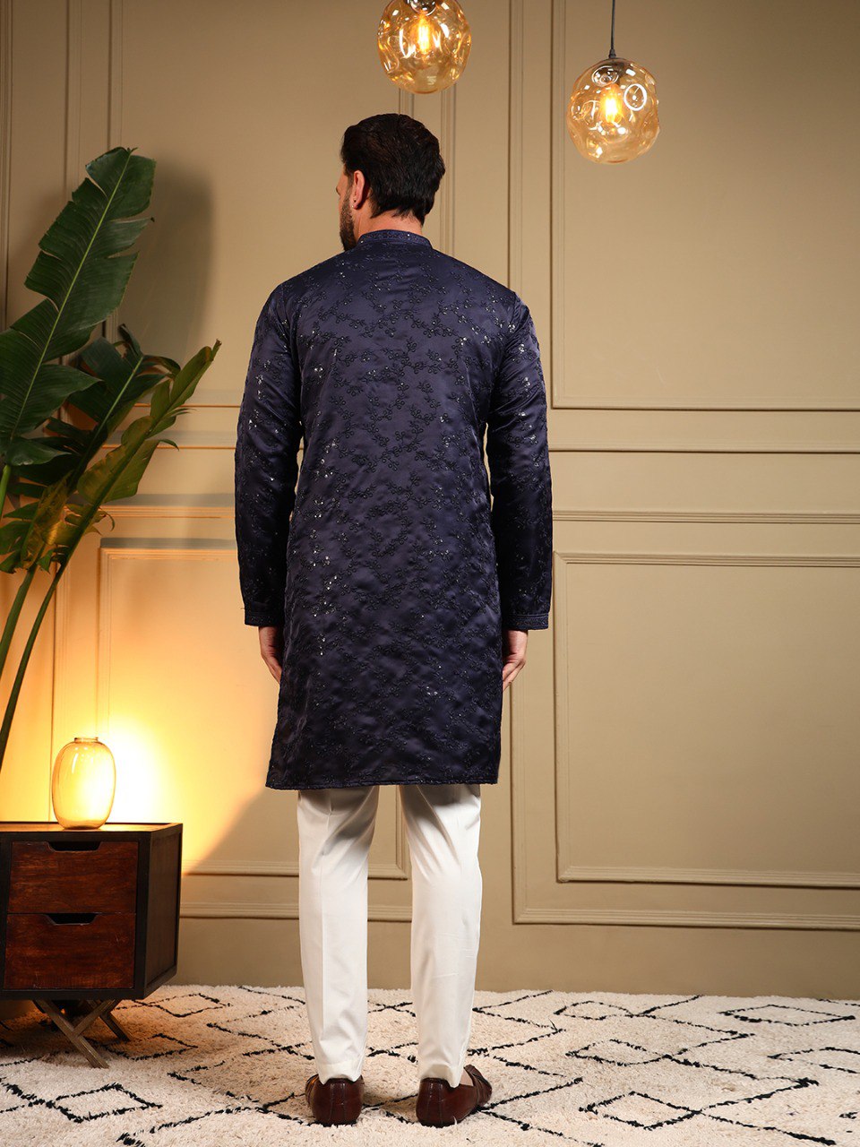 Navy Blue Royal Silk Embroidery Sequence Work Kurta Pajama 