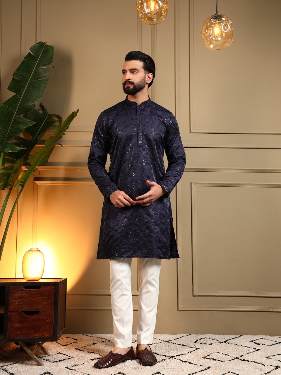 Navy Blue Royal Silk Embroidery Sequence Work Kurta Pajama 