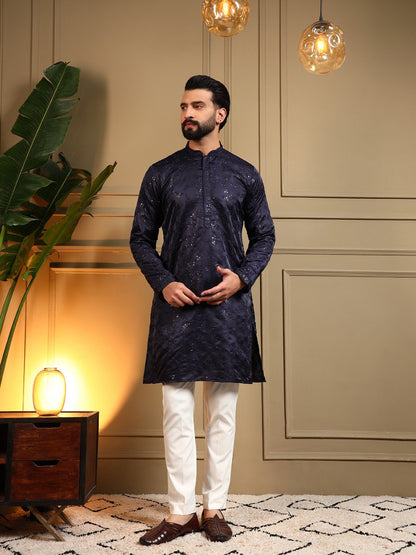Navy Blue Royal Silk Embroidery Sequence Work Kurta Pajama 
