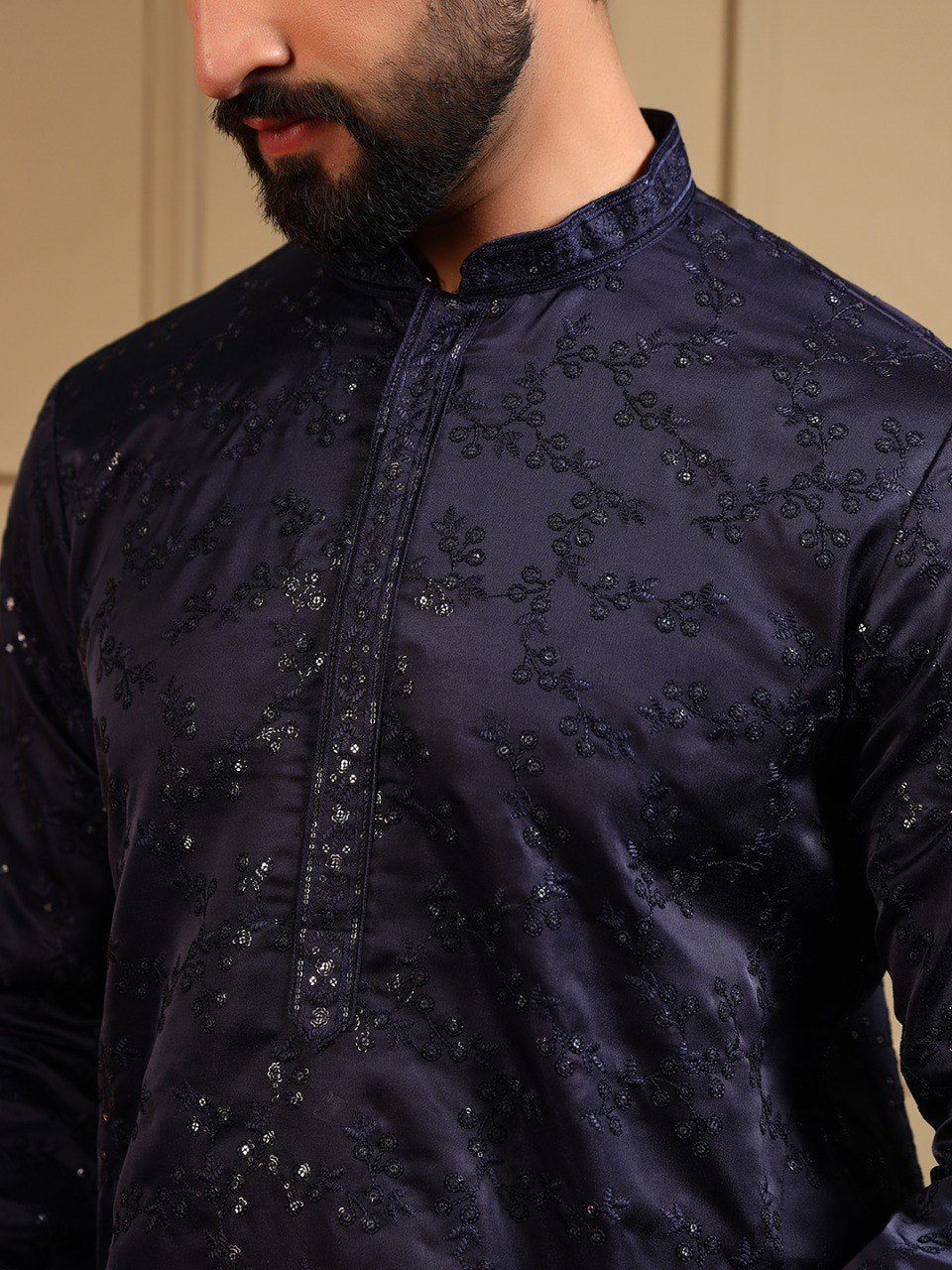 Navy Blue Royal Silk Embroidery Sequence Work Kurta Pajama 