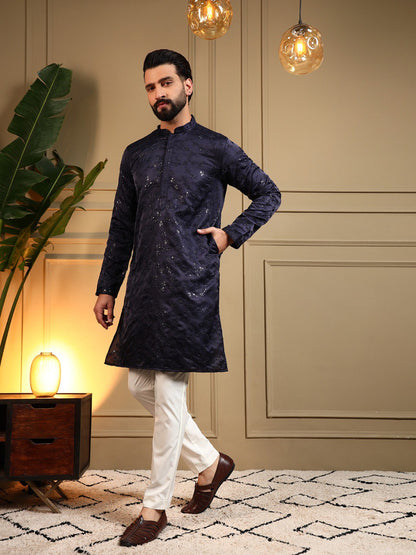 Navy Blue Royal Silk Embroidery Sequence Work Kurta Pajama 