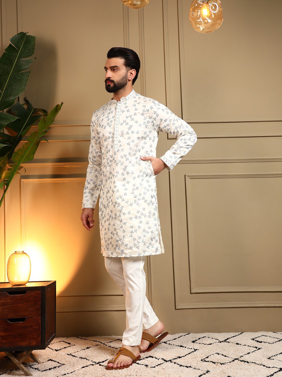 White Royal Silk Embroidery Sequence Work Kurta Pajama 
