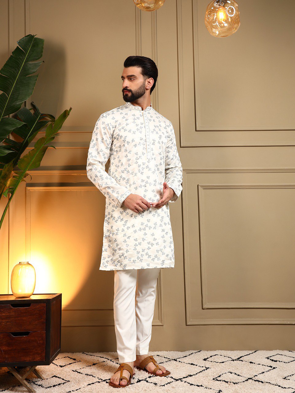 White Royal Silk Embroidery Sequence Work Kurta Pajama 