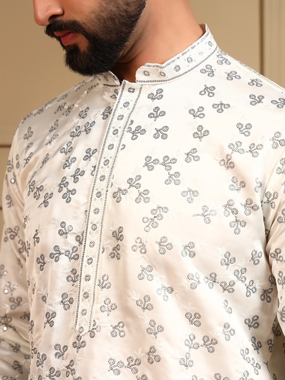 White Royal Silk Embroidery Sequence Work Kurta Pajama 