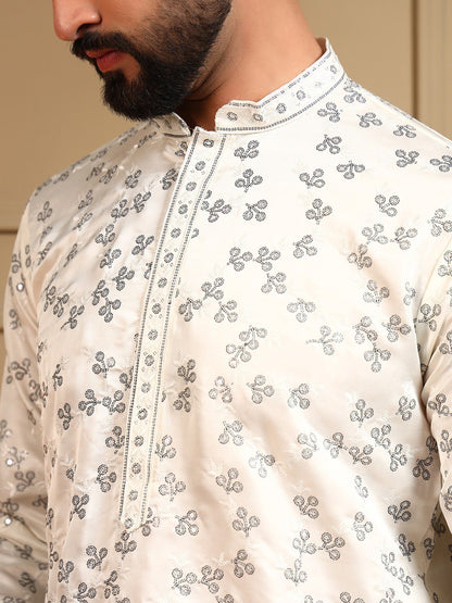 White Royal Silk Embroidery Sequence Work Kurta Pajama 