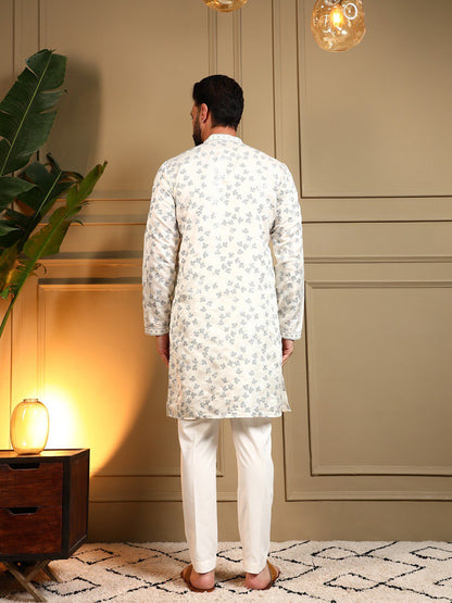White Royal Silk Embroidery Sequence Work Kurta Pajama 