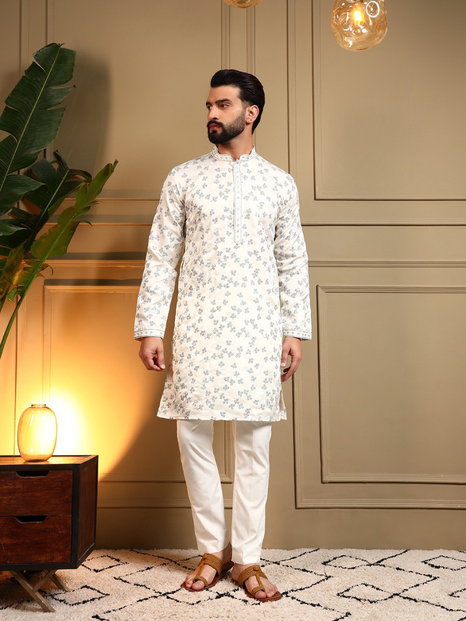 White Royal Silk Embroidery Sequence Work Kurta Pajama 