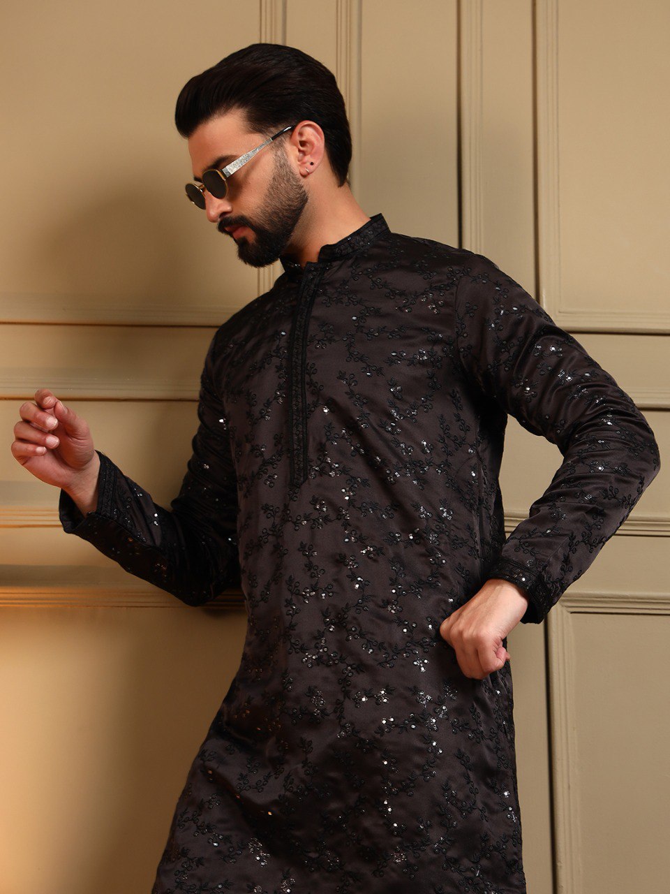 Black Pure Royal Silk Embroidery Sequence Work Kurta Pajama 