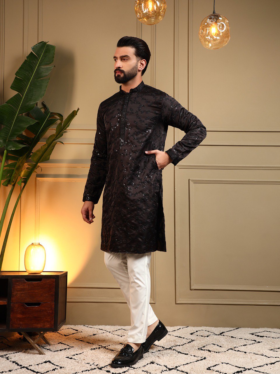 Black Pure Royal Silk Embroidery Sequence Work Kurta Pajama 
