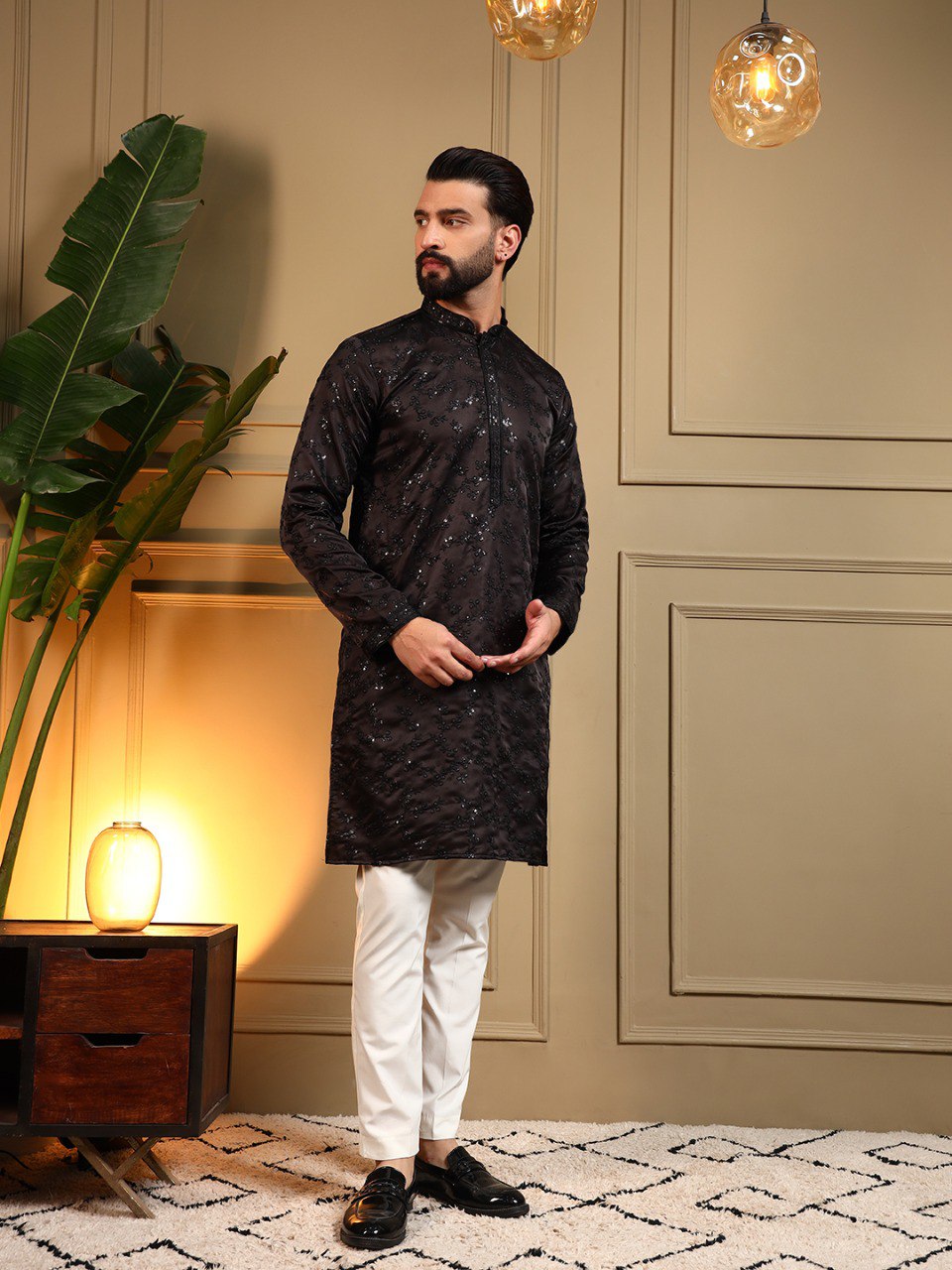 Black Pure Royal Silk Embroidery Sequence Work Kurta Pajama 