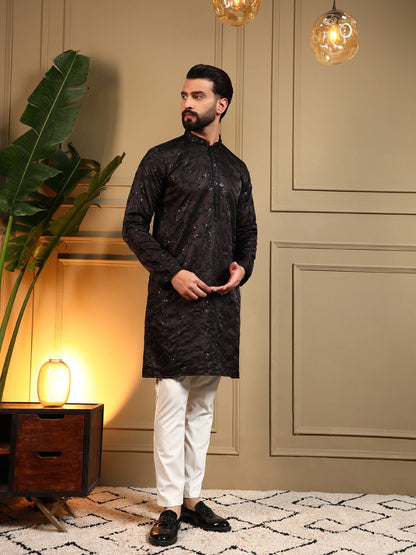 Black Pure Royal Silk Embroidery Sequence Work Kurta Pajama 