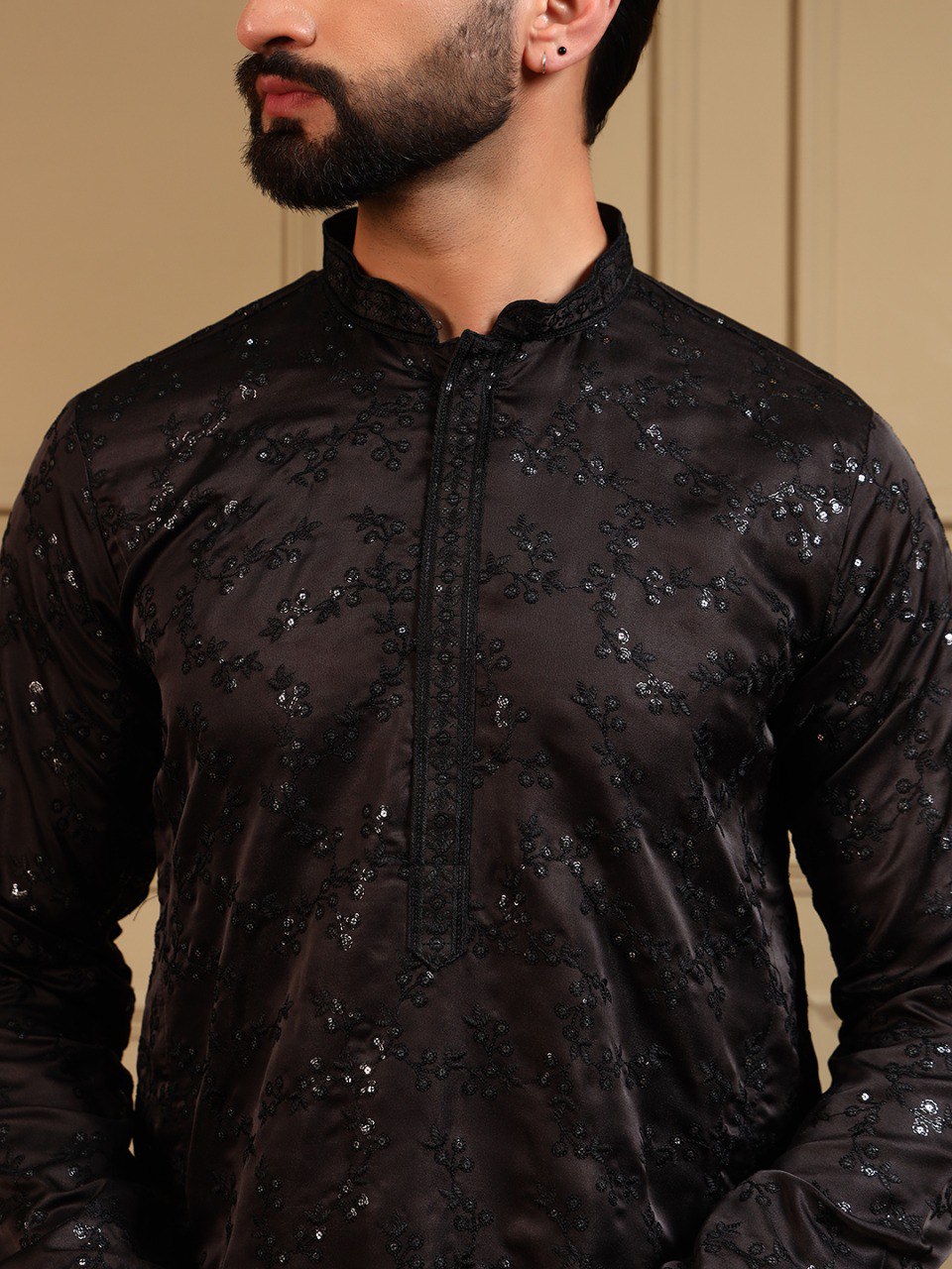 Black Pure Royal Silk Embroidery Sequence Work Kurta Pajama 