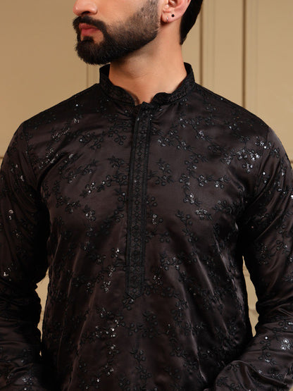 Black Pure Royal Silk Embroidery Sequence Work Kurta Pajama 