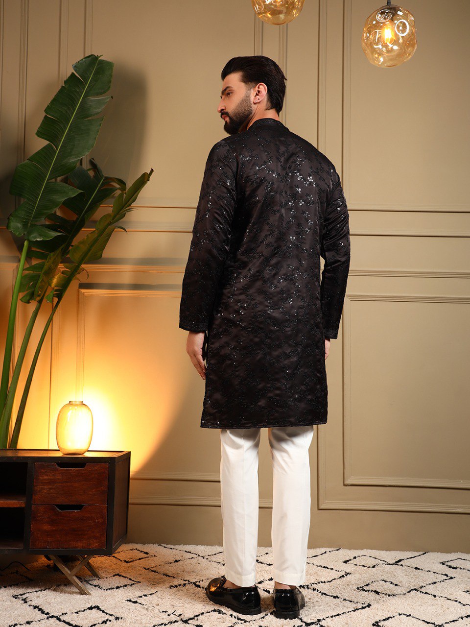 Black Pure Royal Silk Embroidery Sequence Work Kurta Pajama 