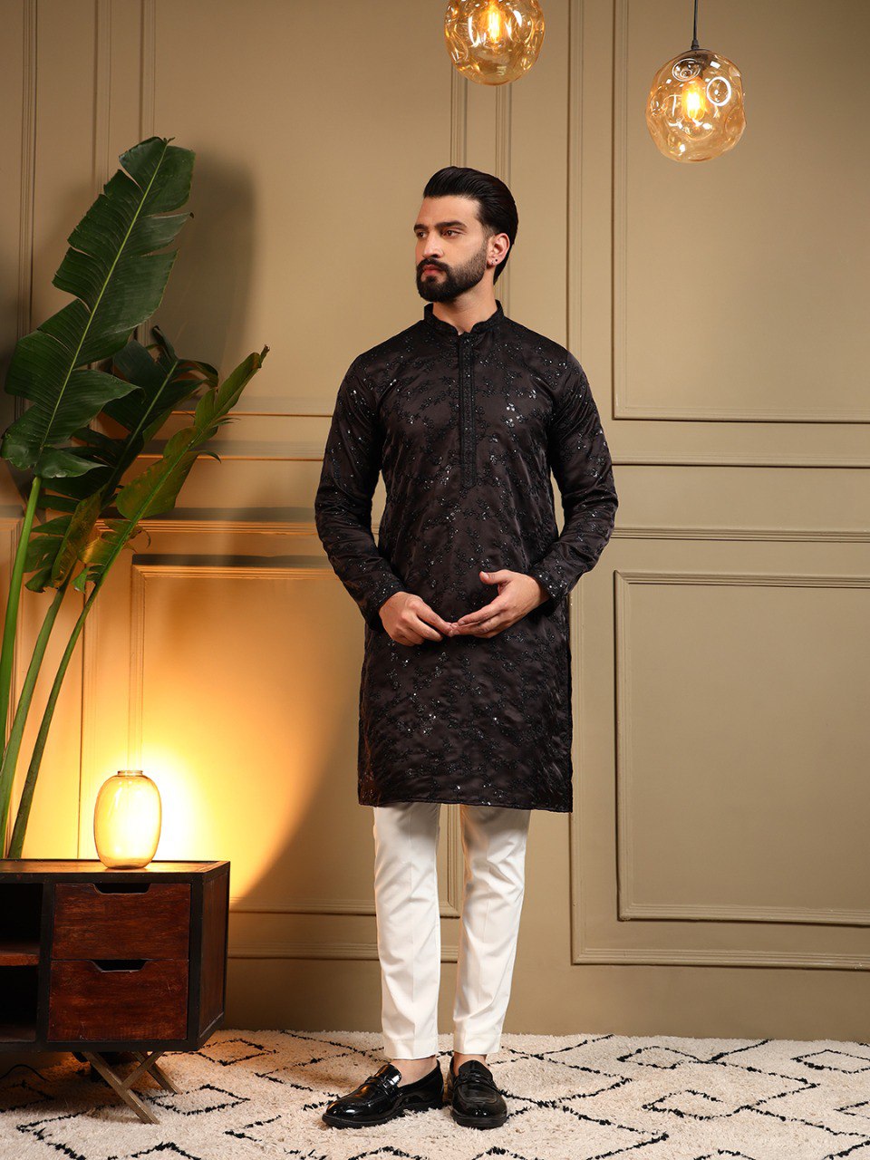 Black Pure Royal Silk Embroidery Sequence Work Kurta Pajama 