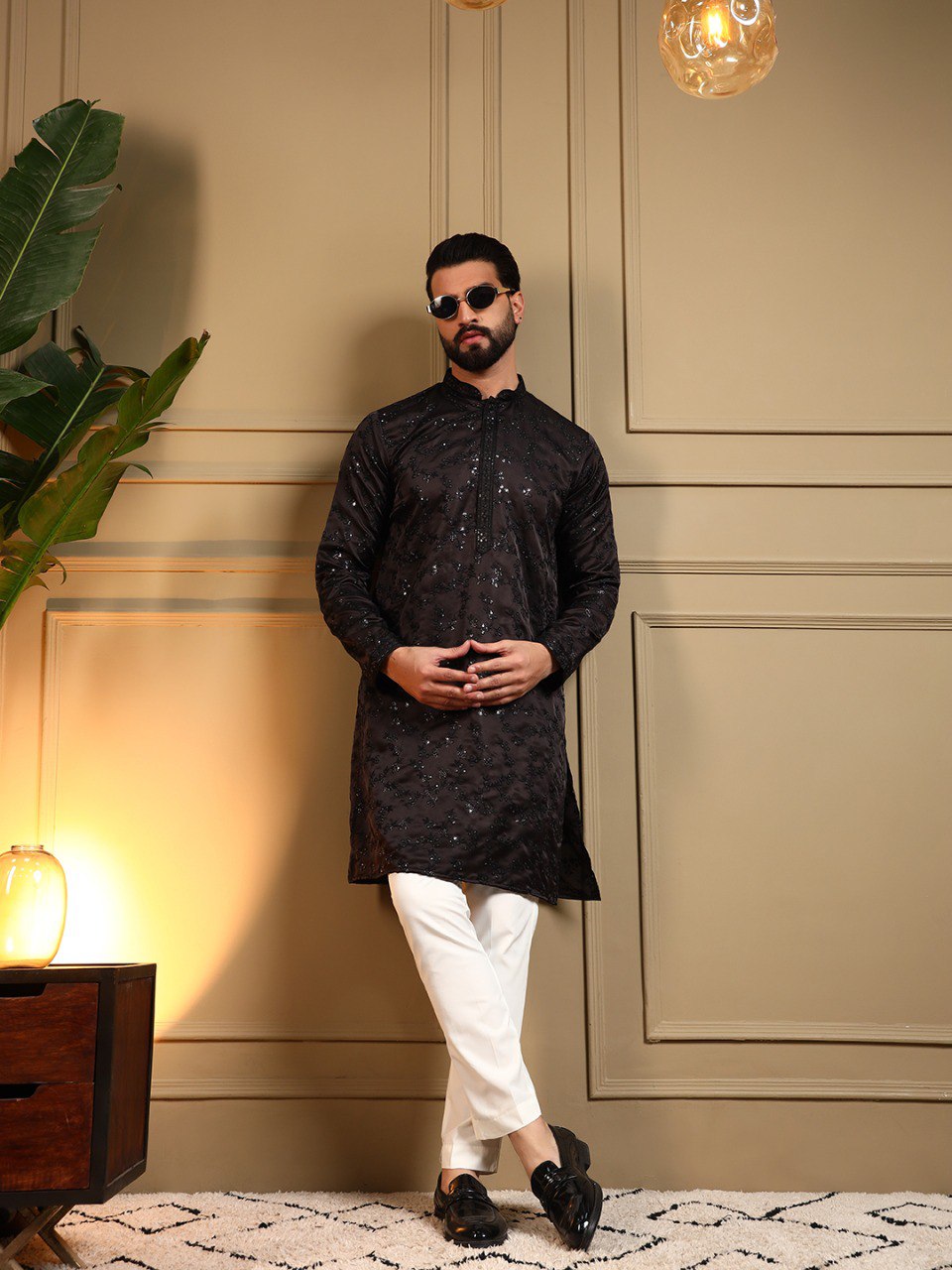 Black Pure Royal Silk Embroidery Sequence Work Kurta Pajama 