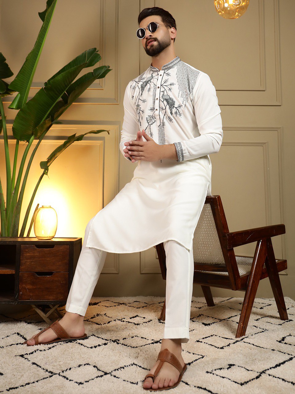 White Pure Viscose Silk Embroidery Sequence Work Kurta Pajama 