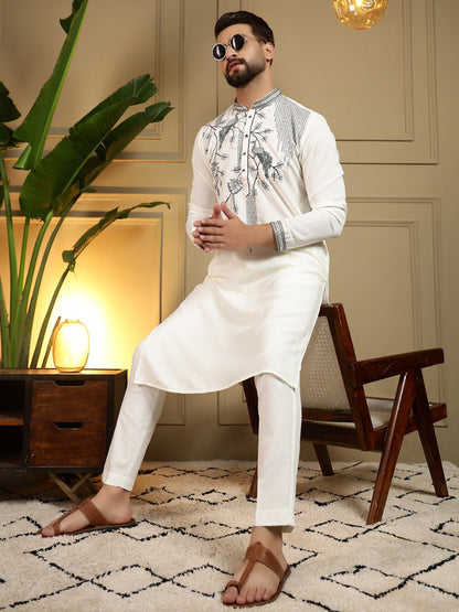 White Pure Viscose Silk Embroidery Sequence Work Kurta Pajama 