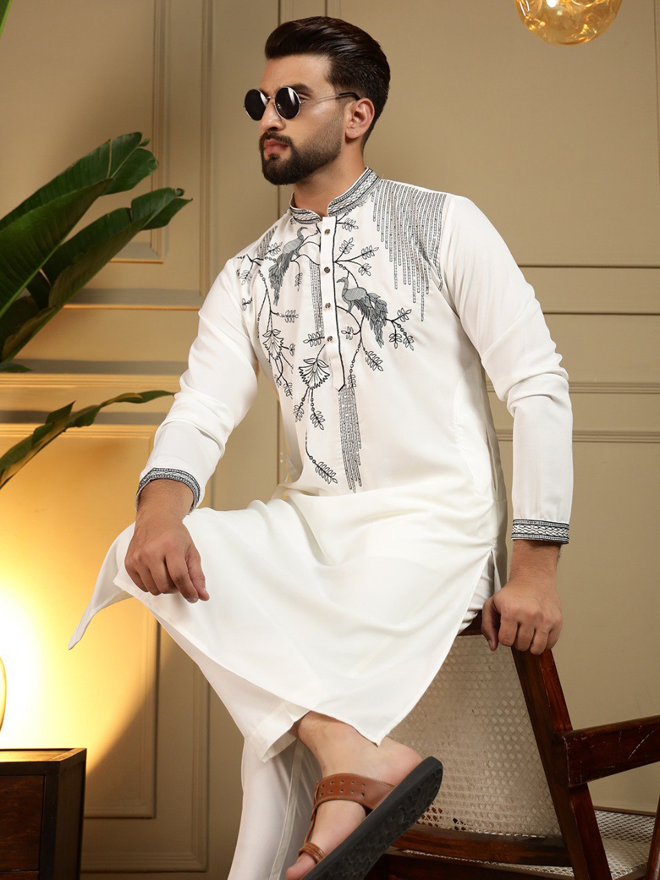 White Pure Viscose Silk Embroidery Sequence Work Kurta Pajama 