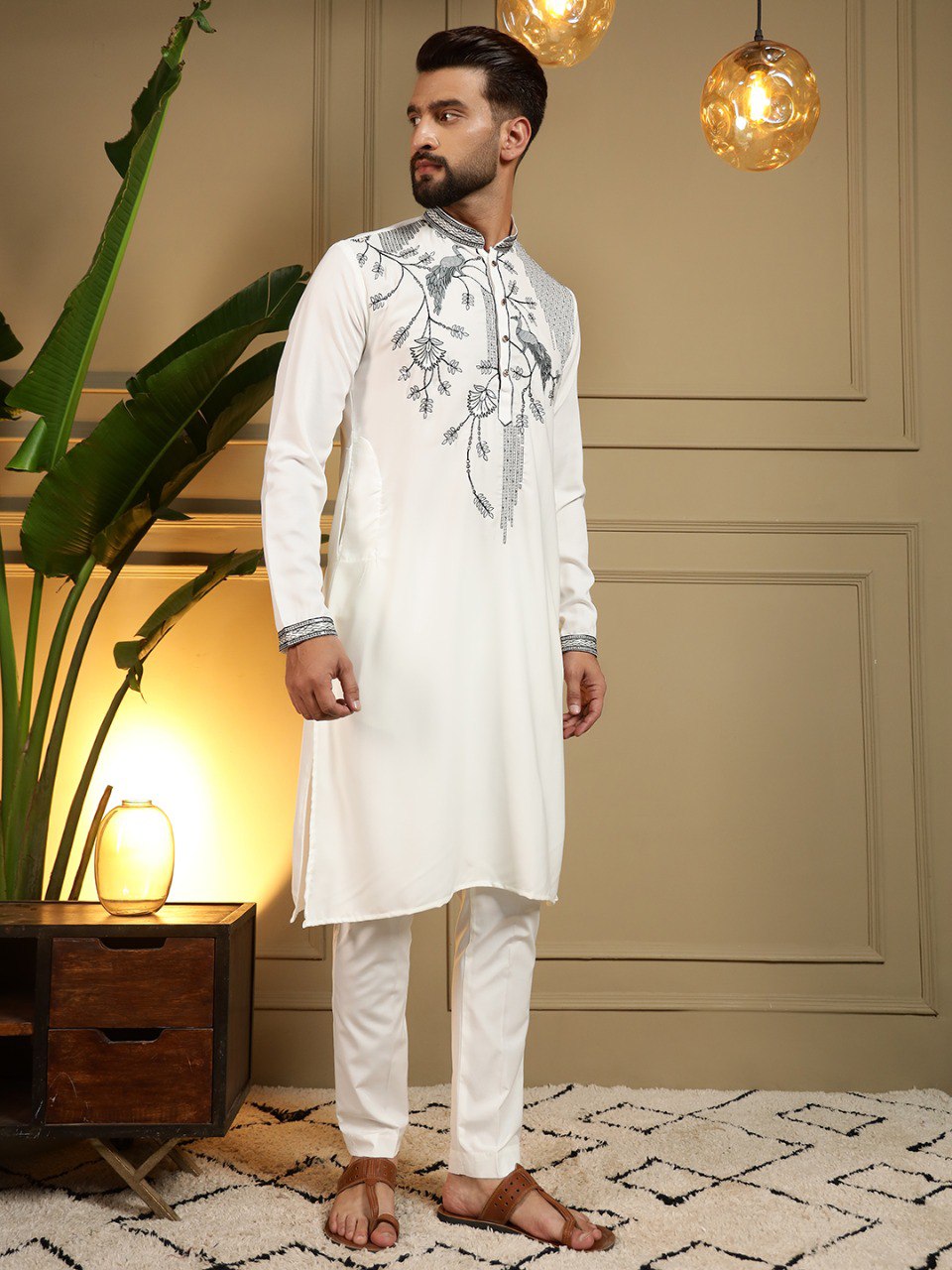 White Pure Viscose Silk Embroidery Sequence Work Kurta Pajama 