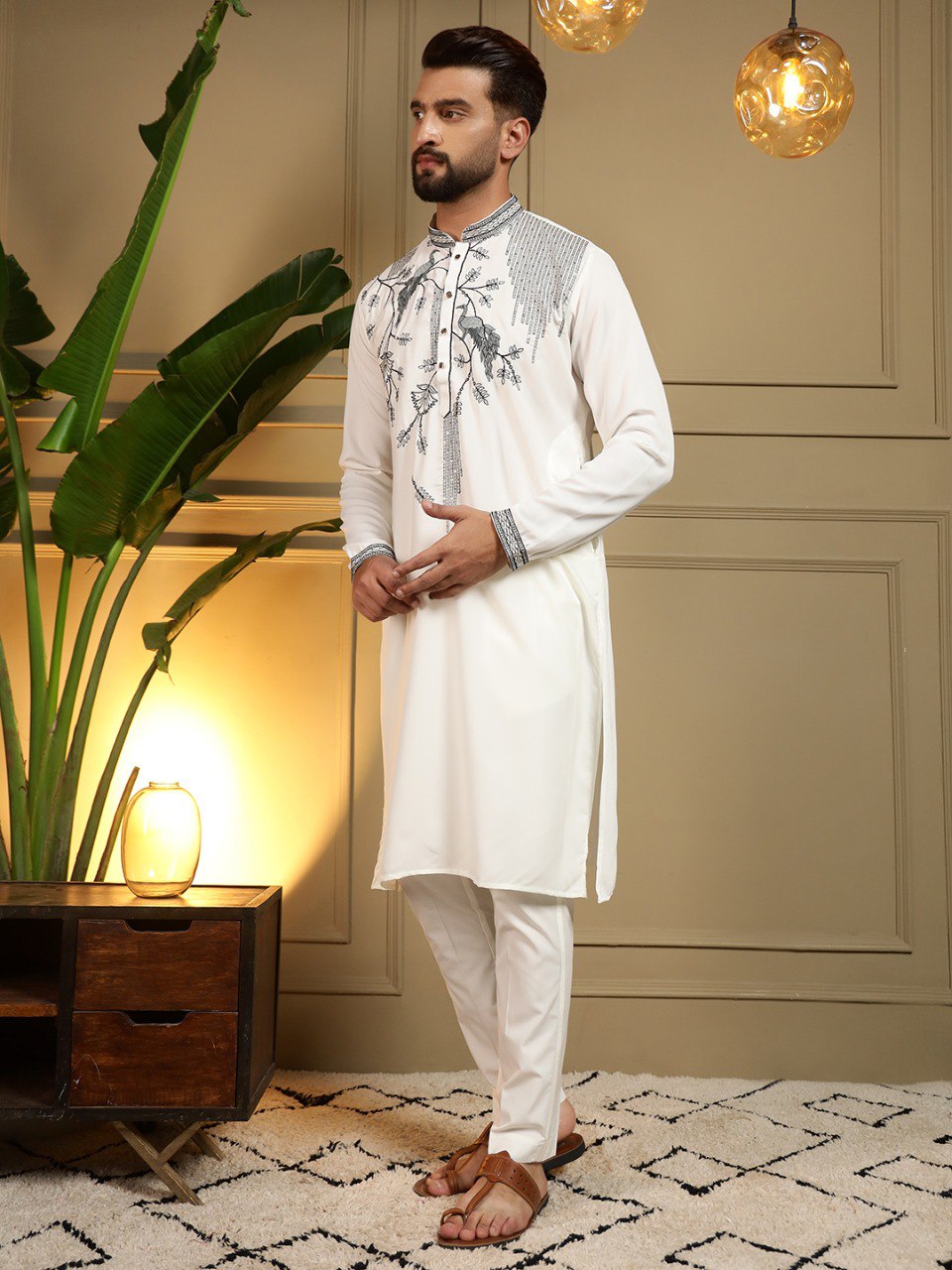 White Pure Viscose Silk Embroidery Sequence Work Kurta Pajama 