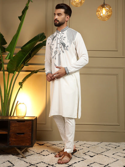 White Pure Viscose Silk Embroidery Sequence Work Kurta Pajama 