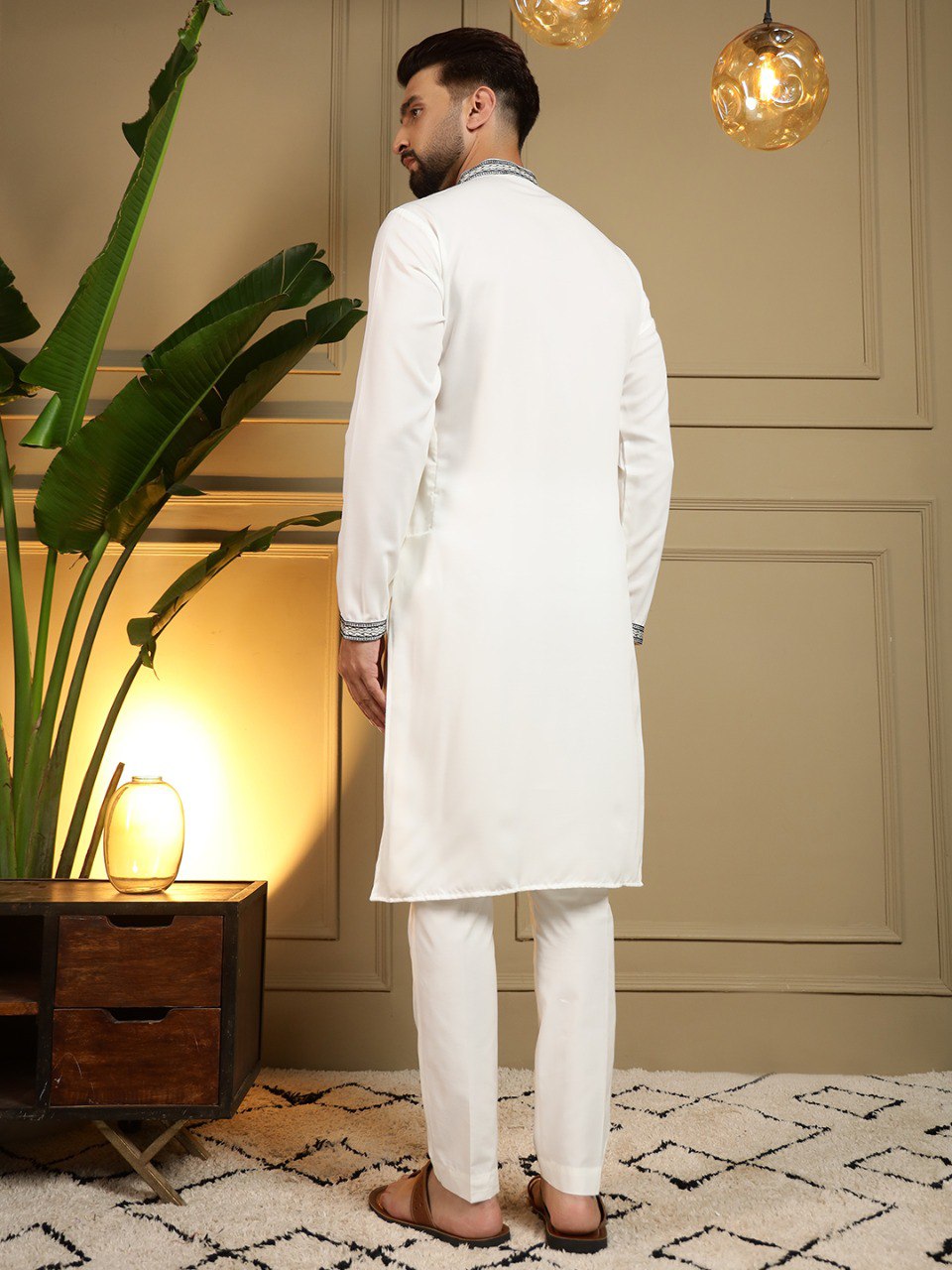 White Pure Viscose Silk Embroidery Sequence Work Kurta Pajama 