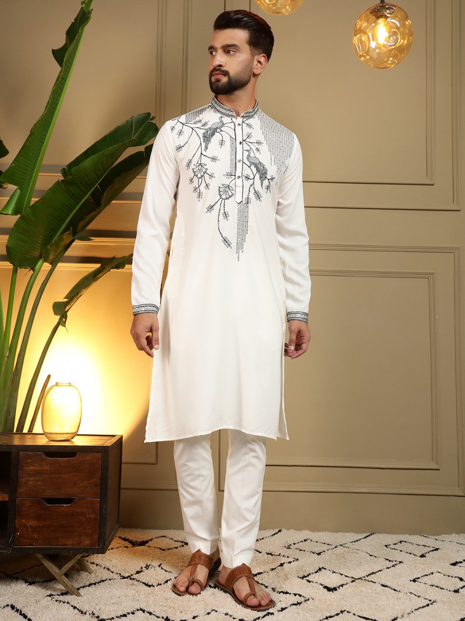 White Pure Viscose Silk Embroidery Sequence Work Kurta Pajama 