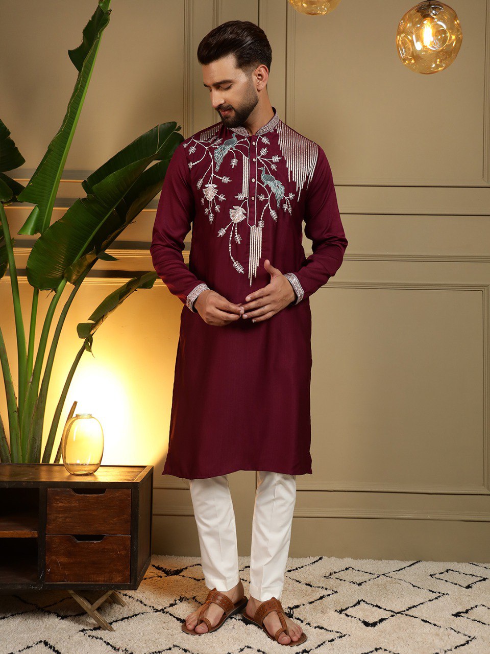 Maroon Pure Viscose Silk Embroidery Sequence Work Kurta Pajama 