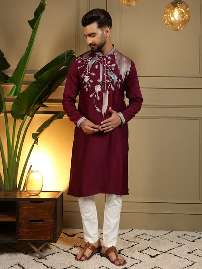 Maroon Pure Viscose Silk Embroidery Sequence Work Kurta Pajama 