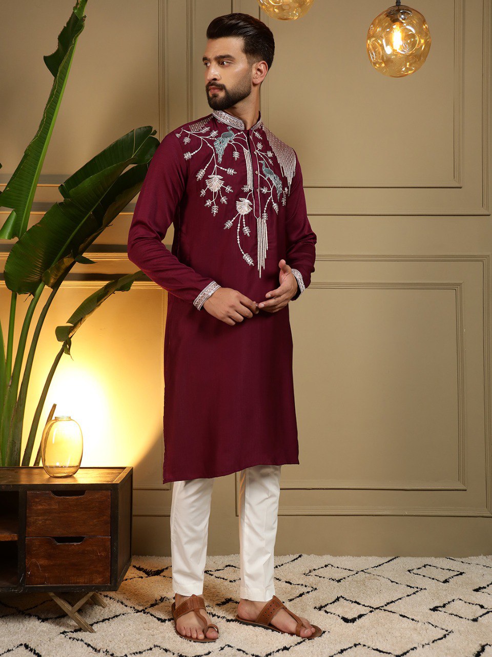 Maroon Pure Viscose Silk Embroidery Sequence Work Kurta Pajama 