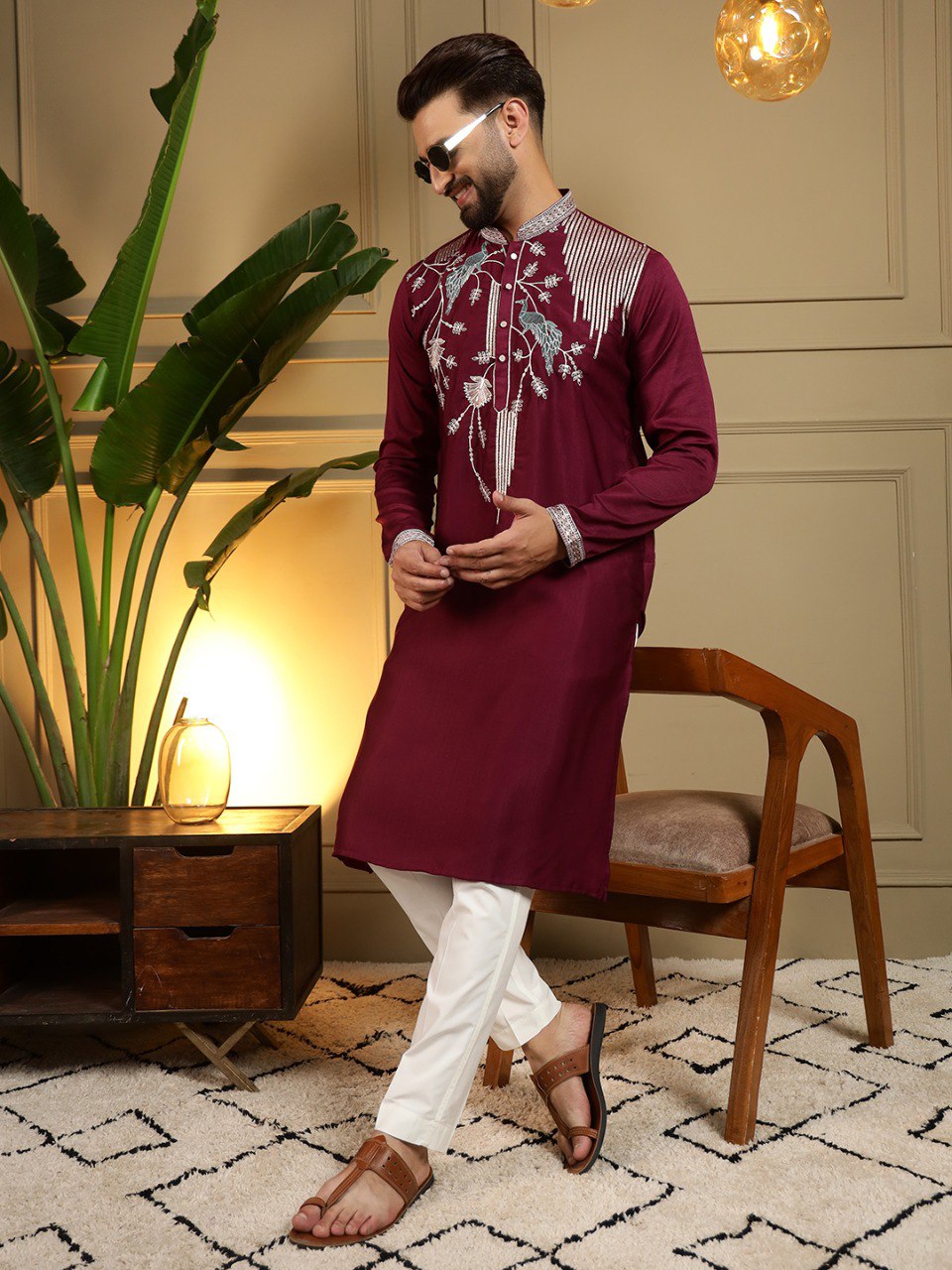 Maroon Pure Viscose Silk Embroidery Sequence Work Kurta Pajama 