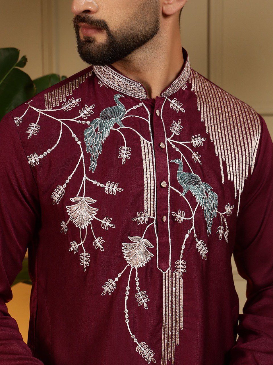 Maroon Pure Viscose Silk Embroidery Sequence Work Kurta Pajama 