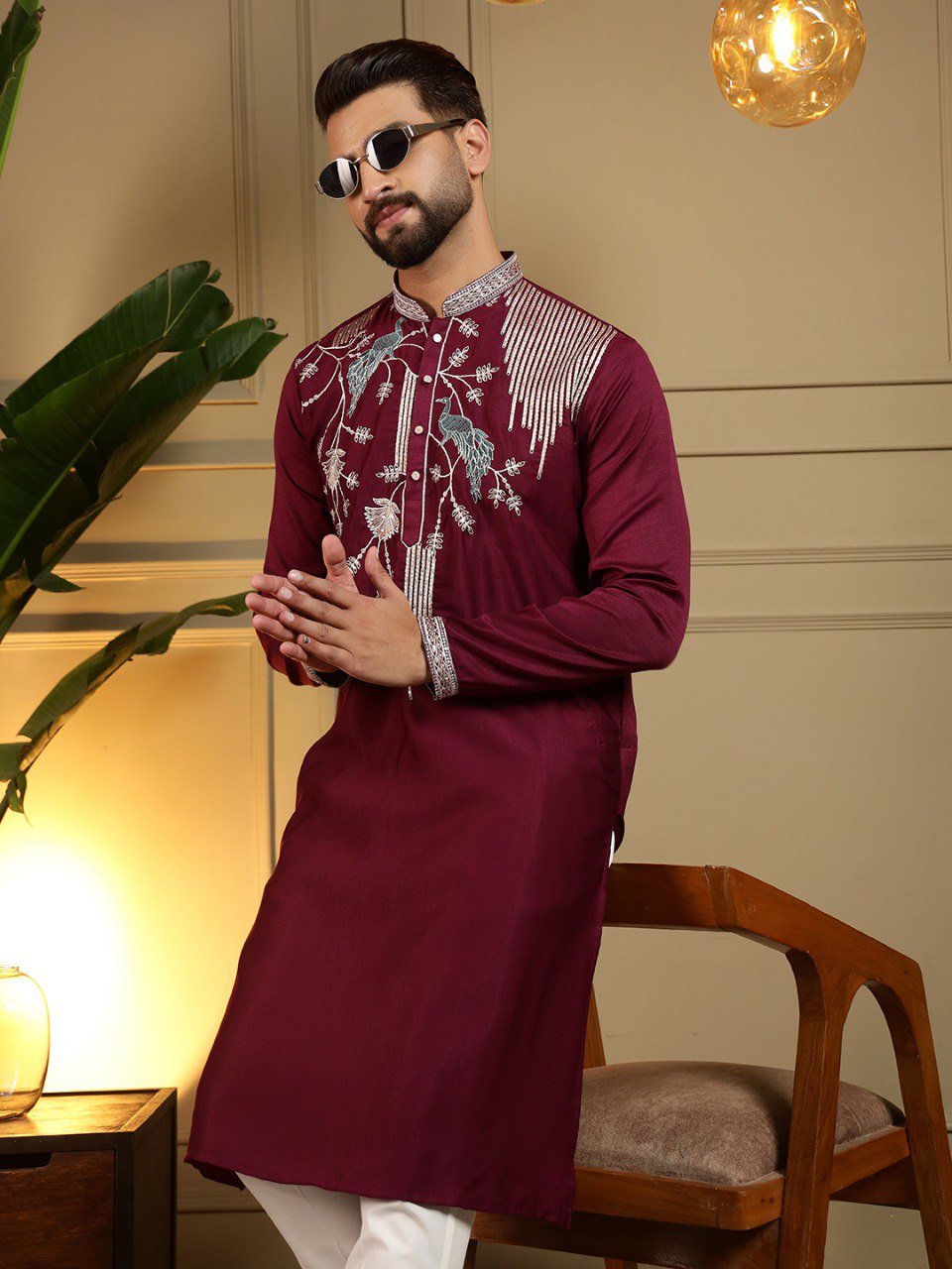 Maroon Pure Viscose Silk Embroidery Sequence Work Kurta Pajama 