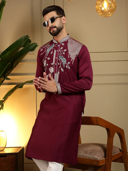 Maroon Pure Viscose Silk Embroidery Sequence Work Kurta Pajama 