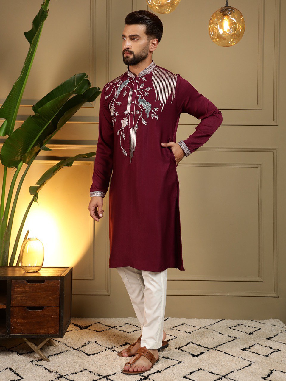 Maroon Pure Viscose Silk Embroidery Sequence Work Kurta Pajama 