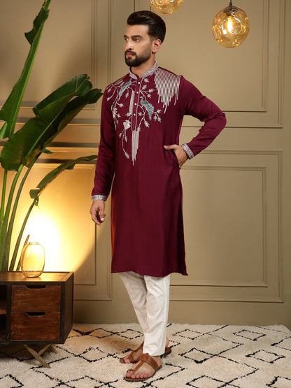 Maroon Pure Viscose Silk Embroidery Sequence Work Kurta Pajama 