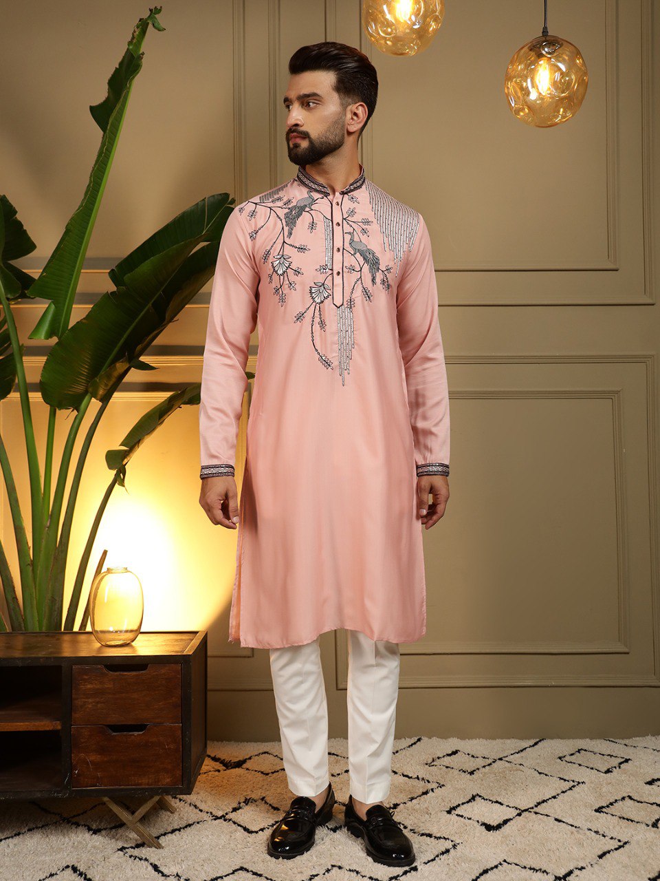 Peach Pure Viscose Silk Embroidery Sequence Work Kurta Pajama 
