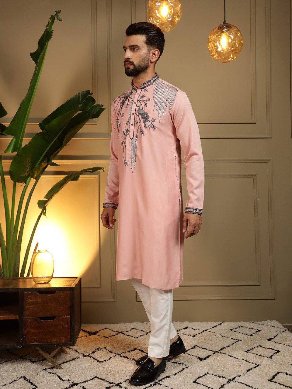 Peach Pure Viscose Silk Embroidery Sequence Work Kurta Pajama 