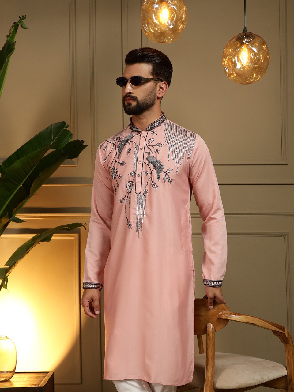Peach Pure Viscose Silk Embroidery Sequence Work Kurta Pajama 