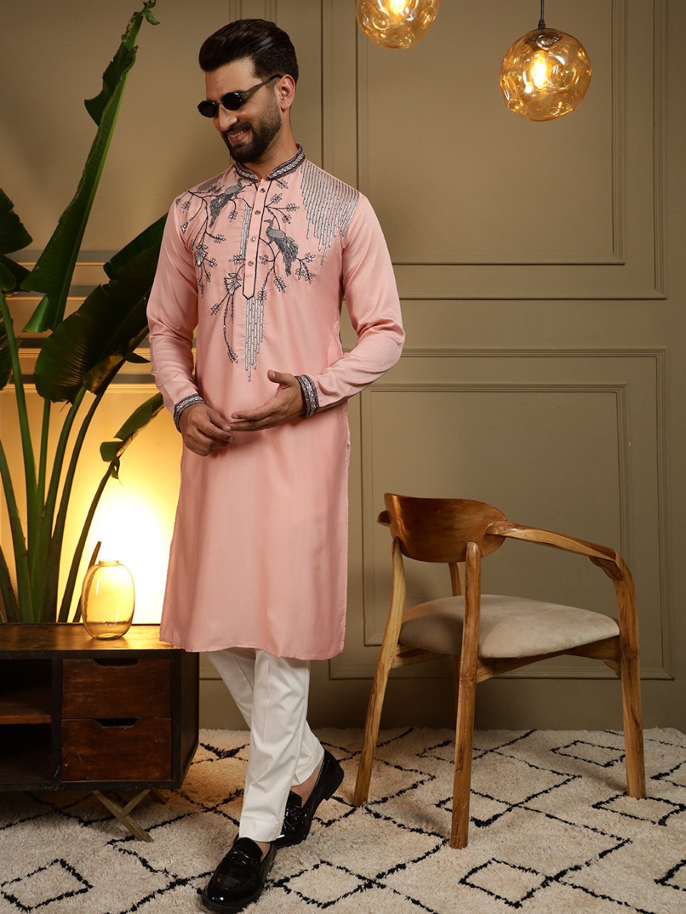 Peach Pure Viscose Silk Embroidery Sequence Work Kurta Pajama 