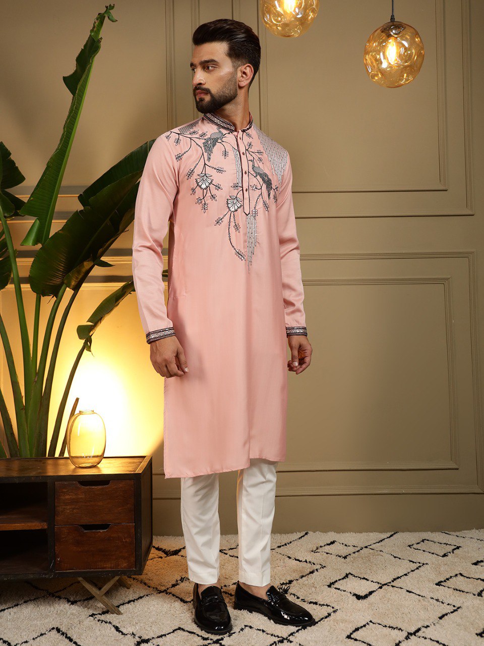 Peach Pure Viscose Silk Embroidery Sequence Work Kurta Pajama 