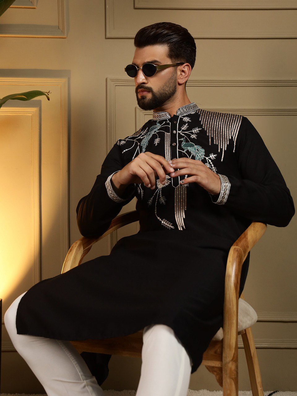 Black Pure Viscose Silk Embroidery Sequence Work Kurta Pajama 