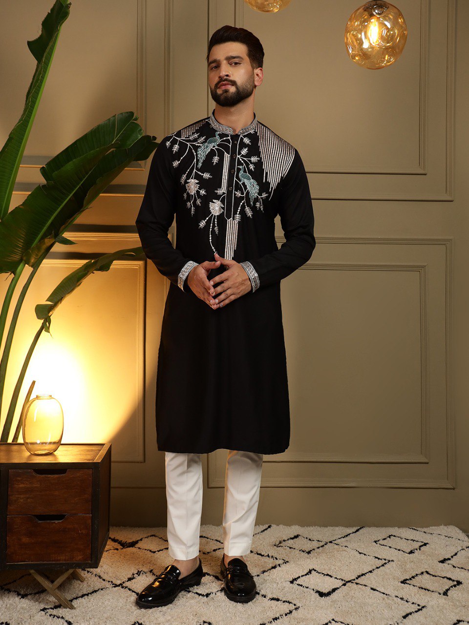 Black Pure Viscose Silk Embroidery Sequence Work Kurta Pajama 