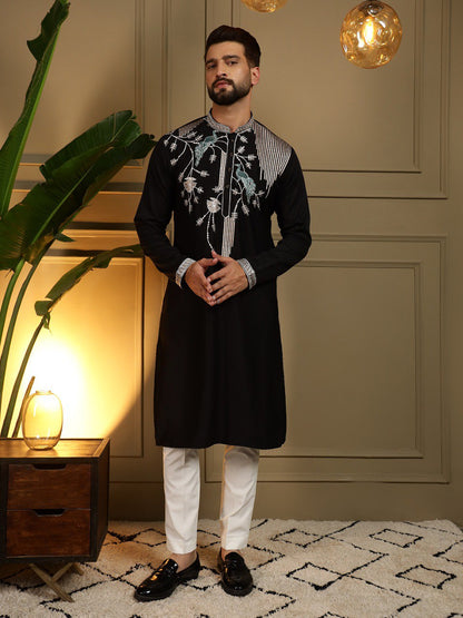 Black Pure Viscose Silk Embroidery Sequence Work Kurta Pajama 