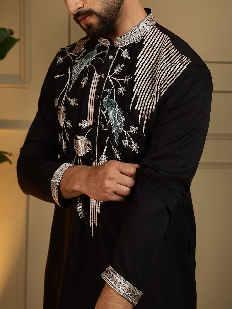 Black Pure Viscose Silk Embroidery Sequence Work Kurta Pajama 