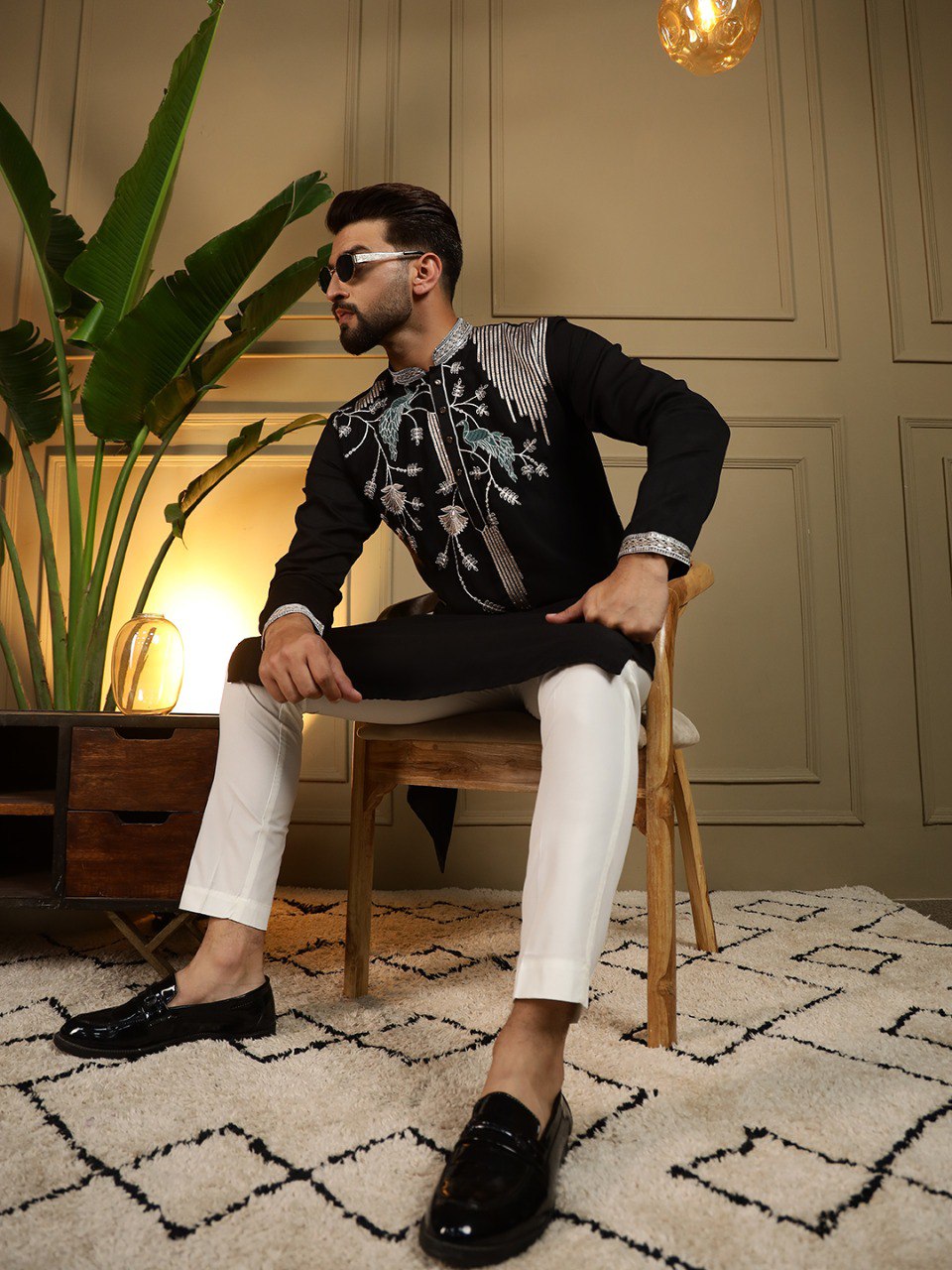 Black Pure Viscose Silk Embroidery Sequence Work Kurta Pajama 