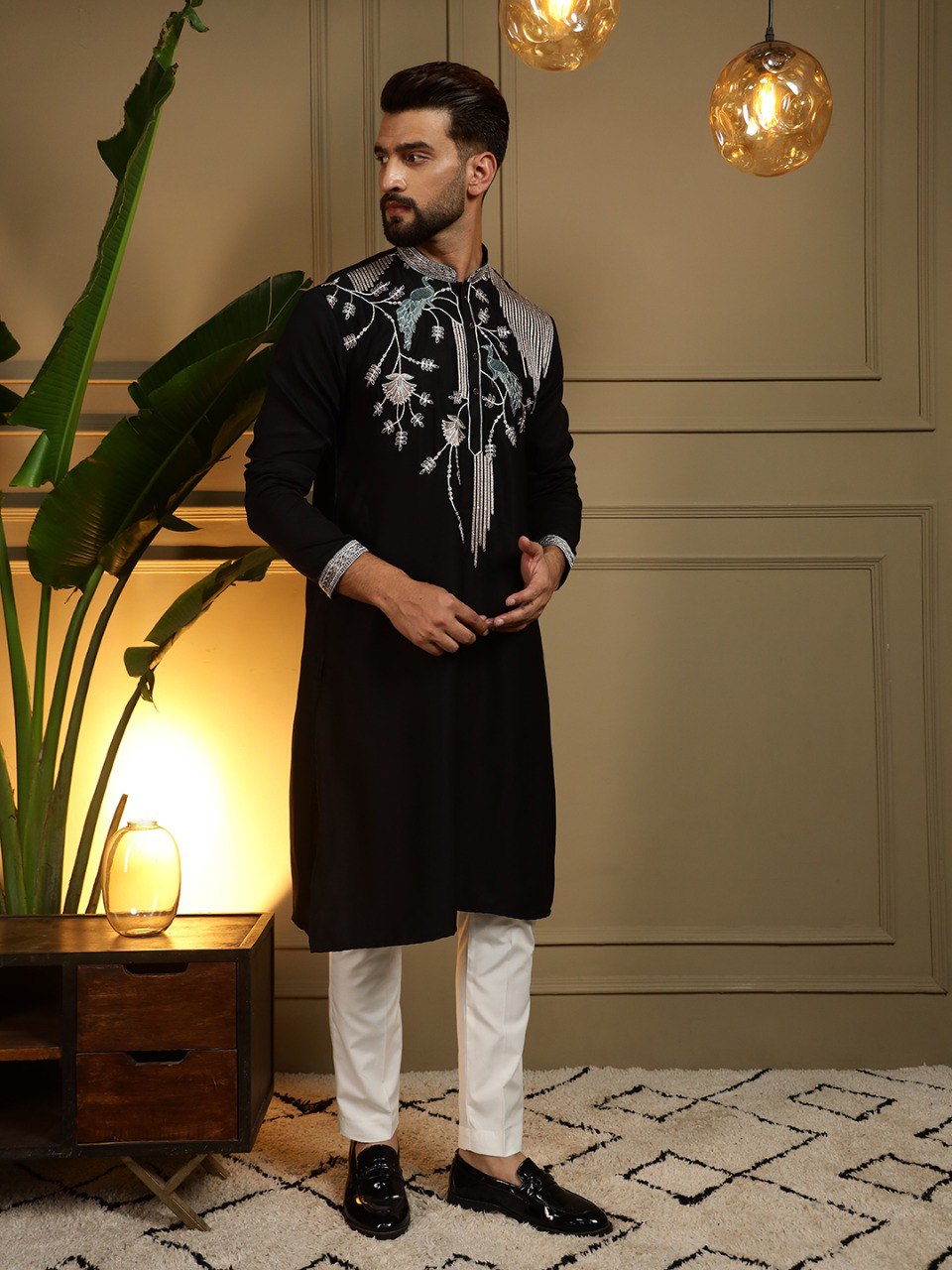Black Pure Viscose Silk Embroidery Sequence Work Kurta Pajama 